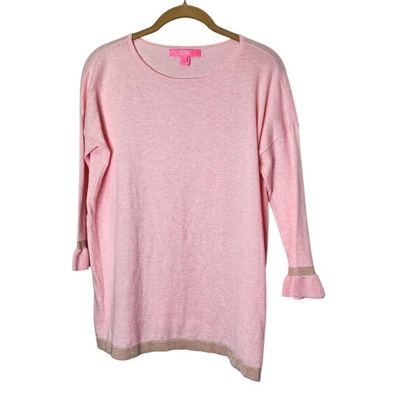 Lilly Pulitzer Pink 3/4 Sleeve Top Gold Trim Ruffle Cuffs XS Minimalist Workwear - Picture 1 of 9